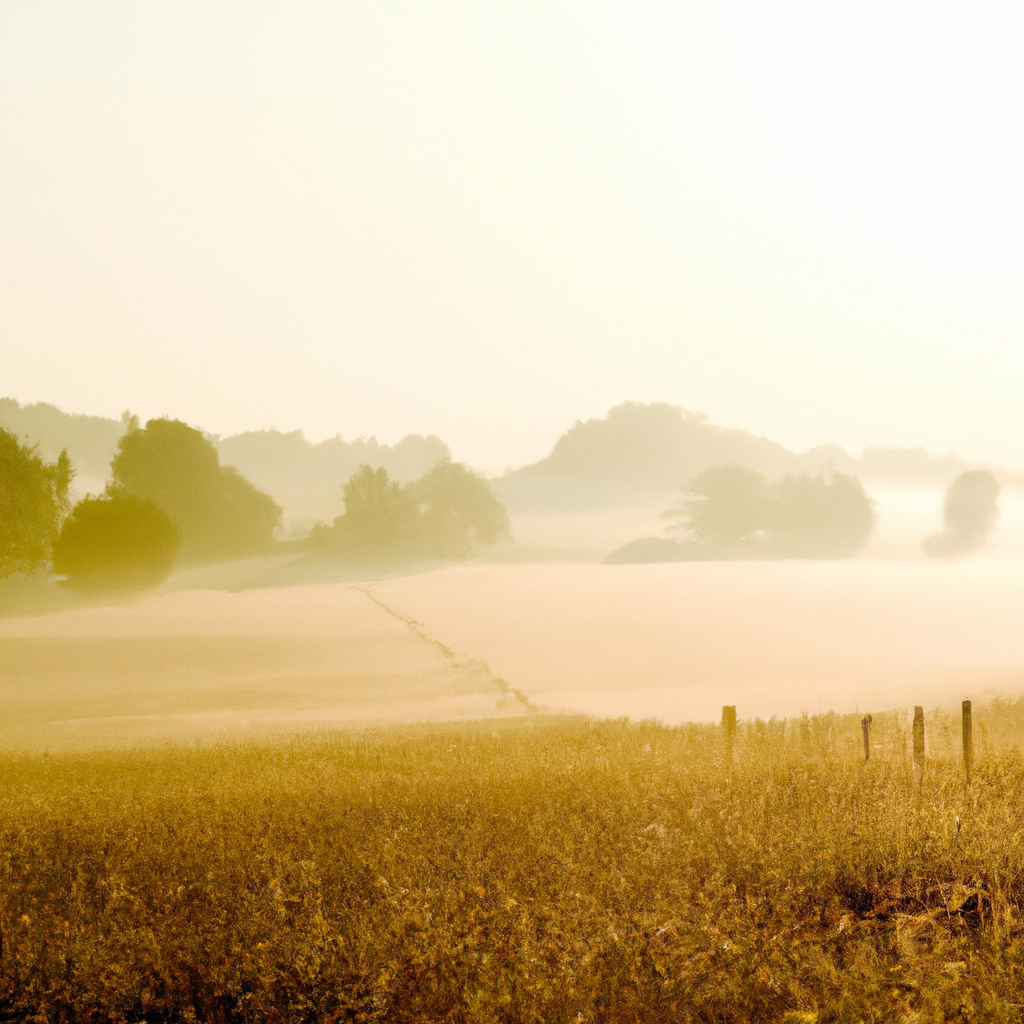 Sunrise over a tranquil meadowland used by Meadowland Meditation, soft fog and warm light